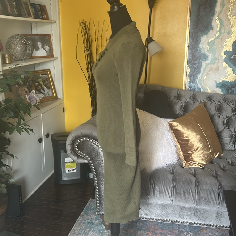 Olive Green Knit Dress with Lace-Up Detail - Picture 5 of 9